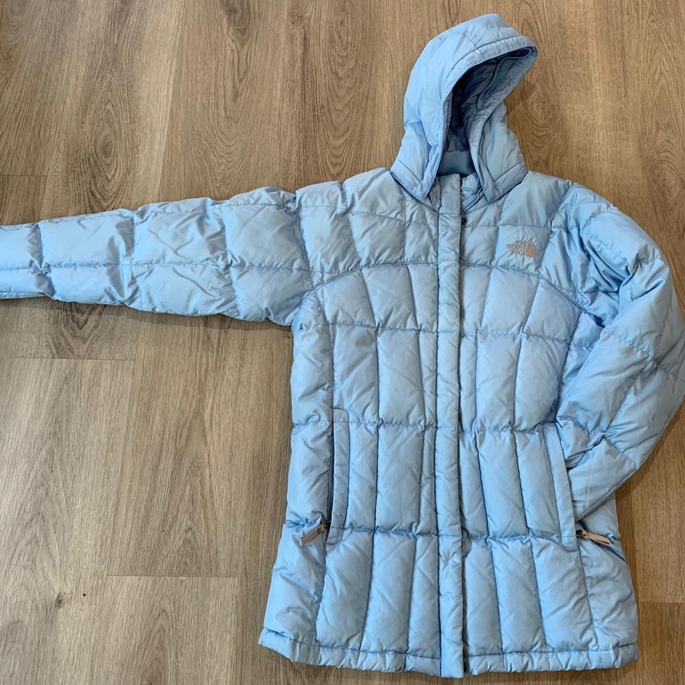 Women's down puffer jacket - light blue, with hood